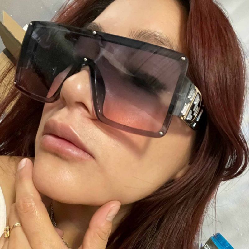 Oversized flat top bling one piece lens sunglasses