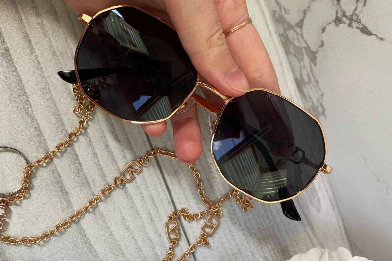 Gold Frame Vintage Octagon Sunglasses w/ Neck Chain