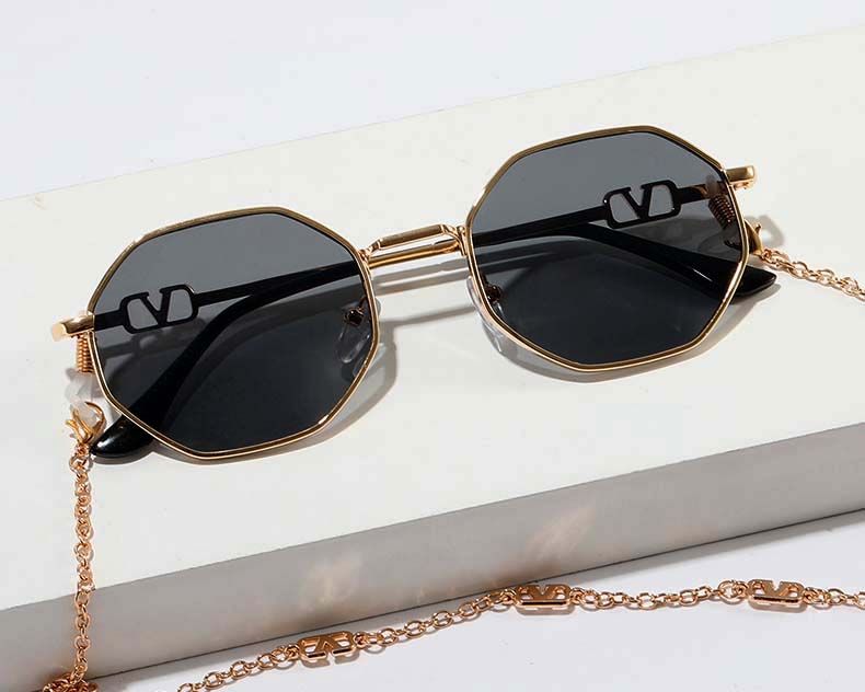 Gold Frame Vintage Octagon Sunglasses w/ Neck Chains