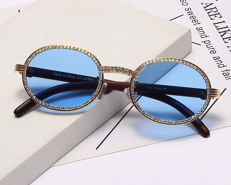 Diamond retro small bling sunglasses oval flat lens