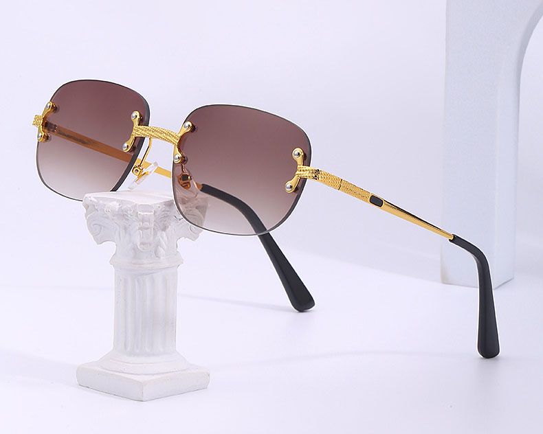  Rimless oval lens embossed pattern metal legs sunglasses