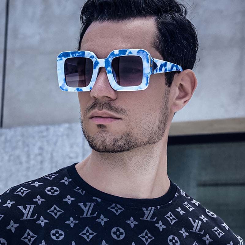Marble Pattern Temples Golden Top Bar Square Sunglasses
