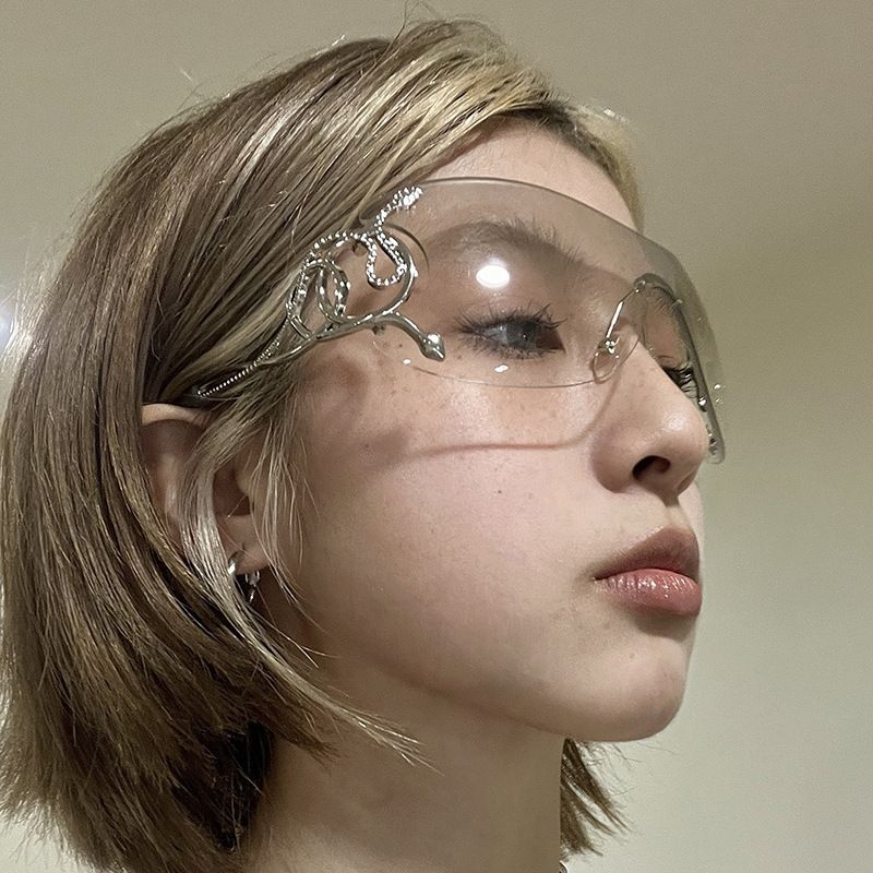 Rimless Wraparound Sunglasses With Cute Snakes Temples