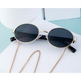 Ladies Retro Ellipse Sunglasses with Metal Neck Chain