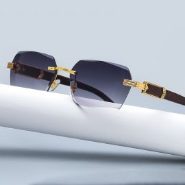 Rimless Lenses Wooden Grain Legs Rectangular Sunglasses