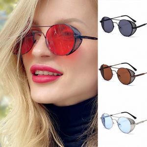 Steampunk round sunglasses flat lens side mesh covers